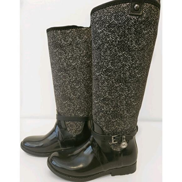 Michael Kors MK CHARM Black White Stretch Tall Rain Boots Shoes Size 6 - Picture 2 of 10